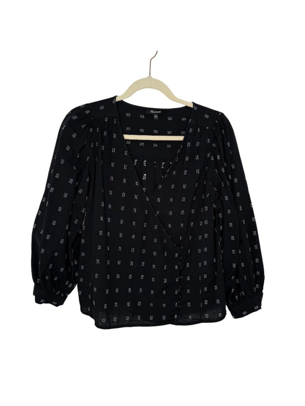 Madewell Black Smocked Faux Wrap Blouse, S